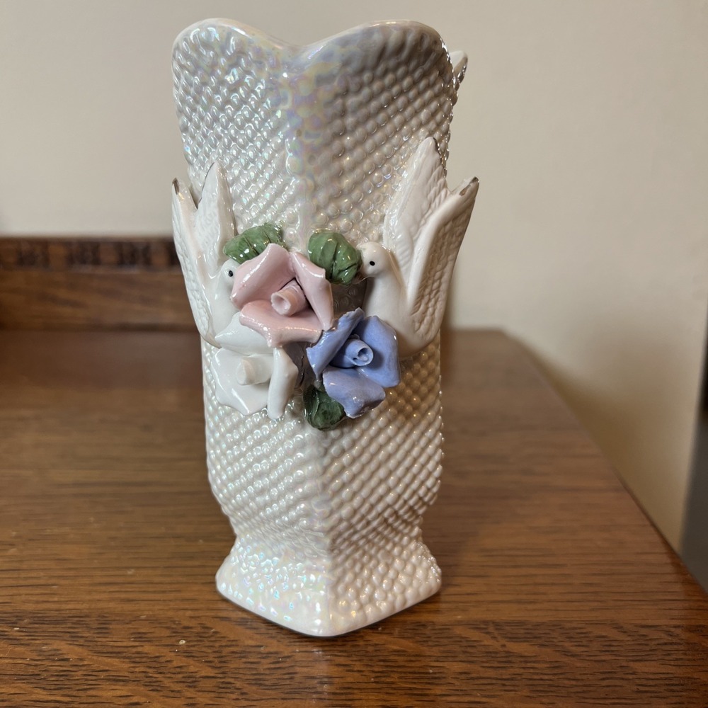 Vintage Opalescent Porcelain Vase with Doves and Roses Pentagon Shape 6"